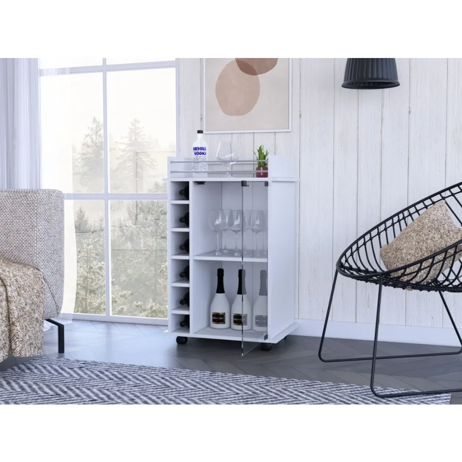 

Bar Cart Baltimore Six Wine Cubbies Glass Door Four Caster Two Shelves White Finish