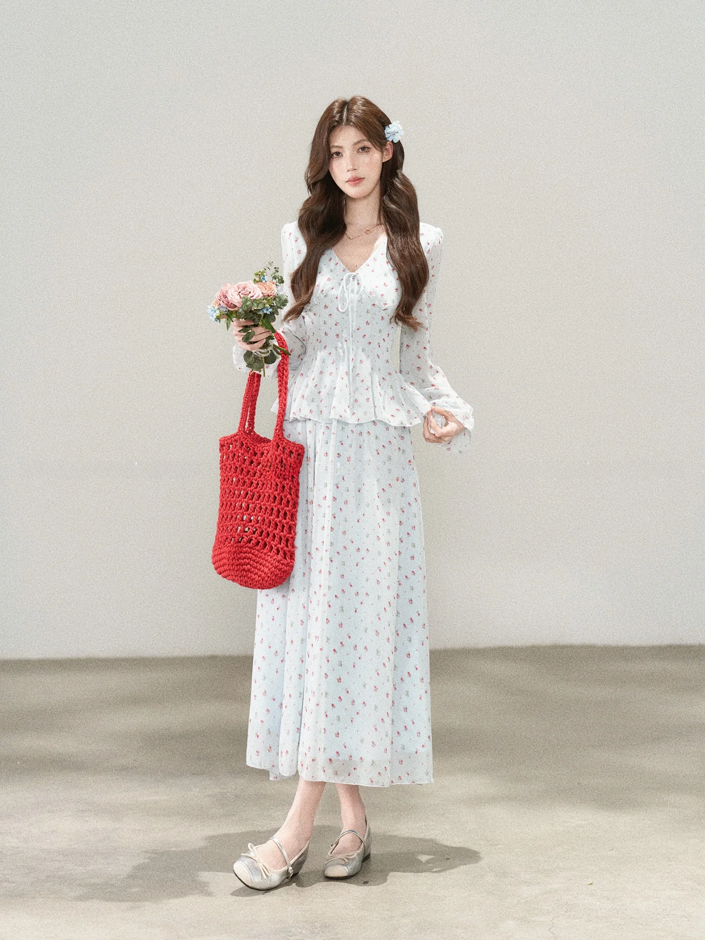 

Elegant Floral Print Long Sleeve V-Neck Women's Dress Slimming Waist Design Spring Summer Fashion Casual Comfortable Dress