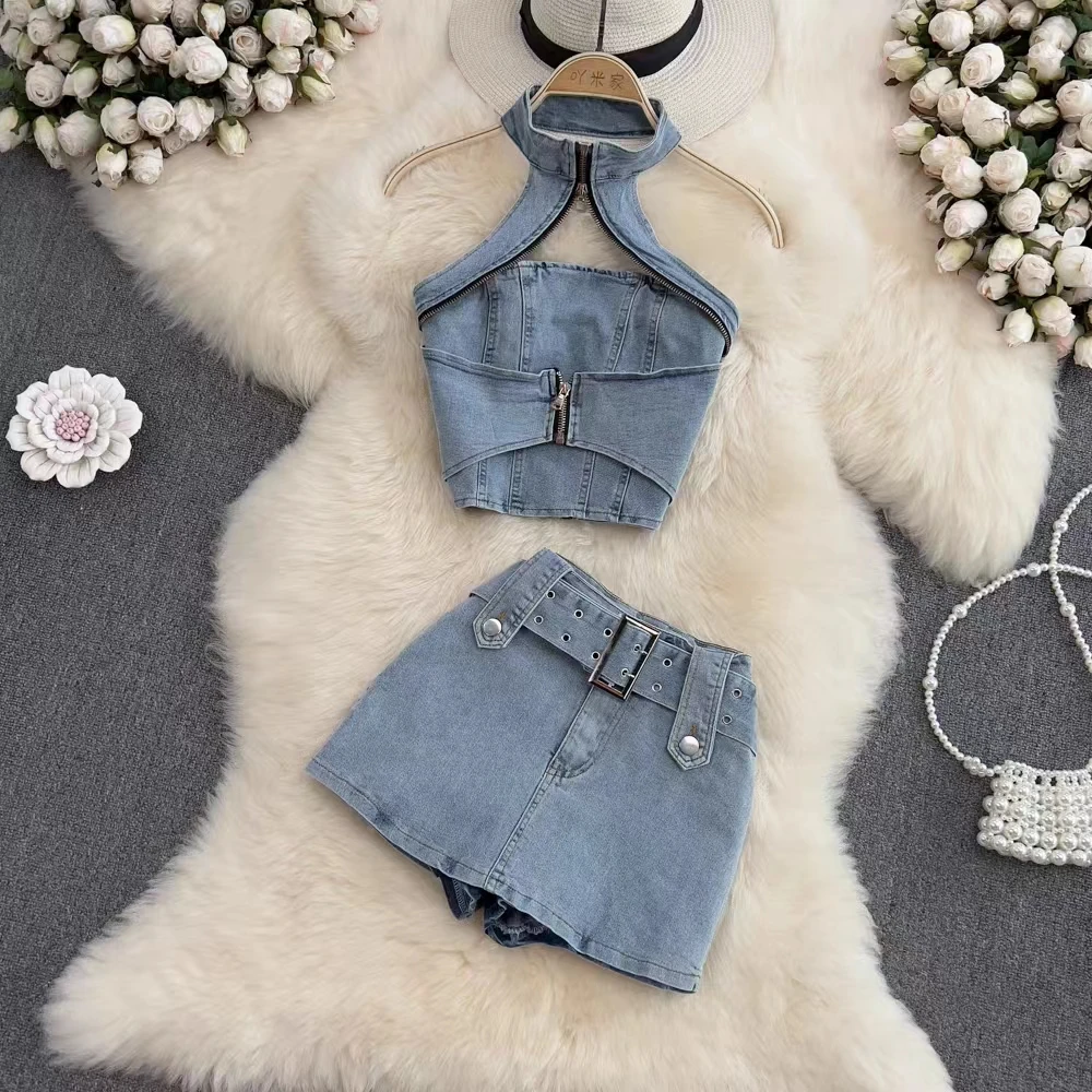 

Fried street Spice girls denim suit women's summer new retro Hong Kong style halter-neck short top skirt two-piece set