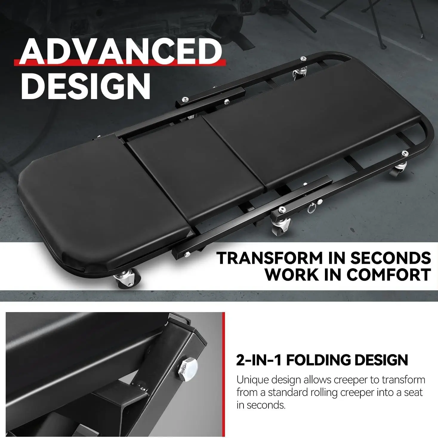Sedile Creeper pieghevole Z-Creeper 2 in 1, strumento di riparazione per garage meccanico sotto l'auto, capacità di 330 libbre, completamente nero