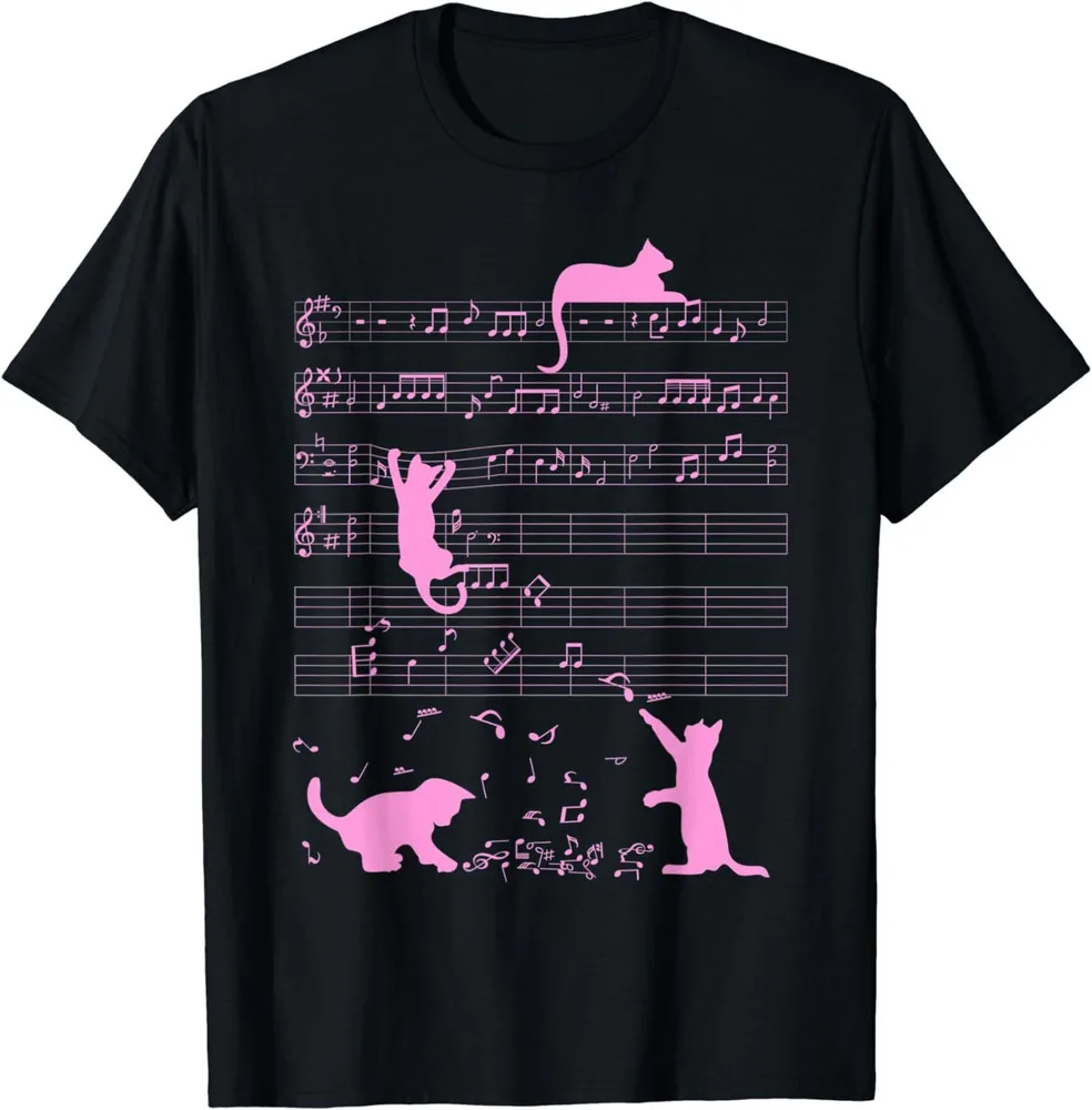 Cute Cat  Playing Music Note Clef Musician T-Shirt Size S-5XLHigh Quality 100%Cotton Short Sleeve