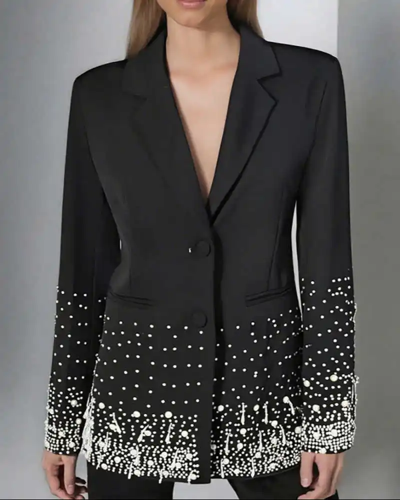 Traje de mujer a la moda, chaqueta adornada de 1 pieza con solapa con muescas, cuentas de perlas, fiesta de noche, graduación, ocasión especial personalizada