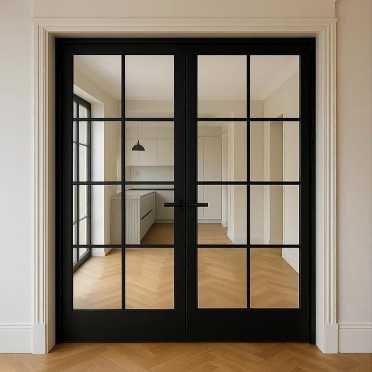 Modern Interior Aluminum Glass Double Door House Internal Partition Doors Double Glazed Tempered Glass Grid Design French Door
