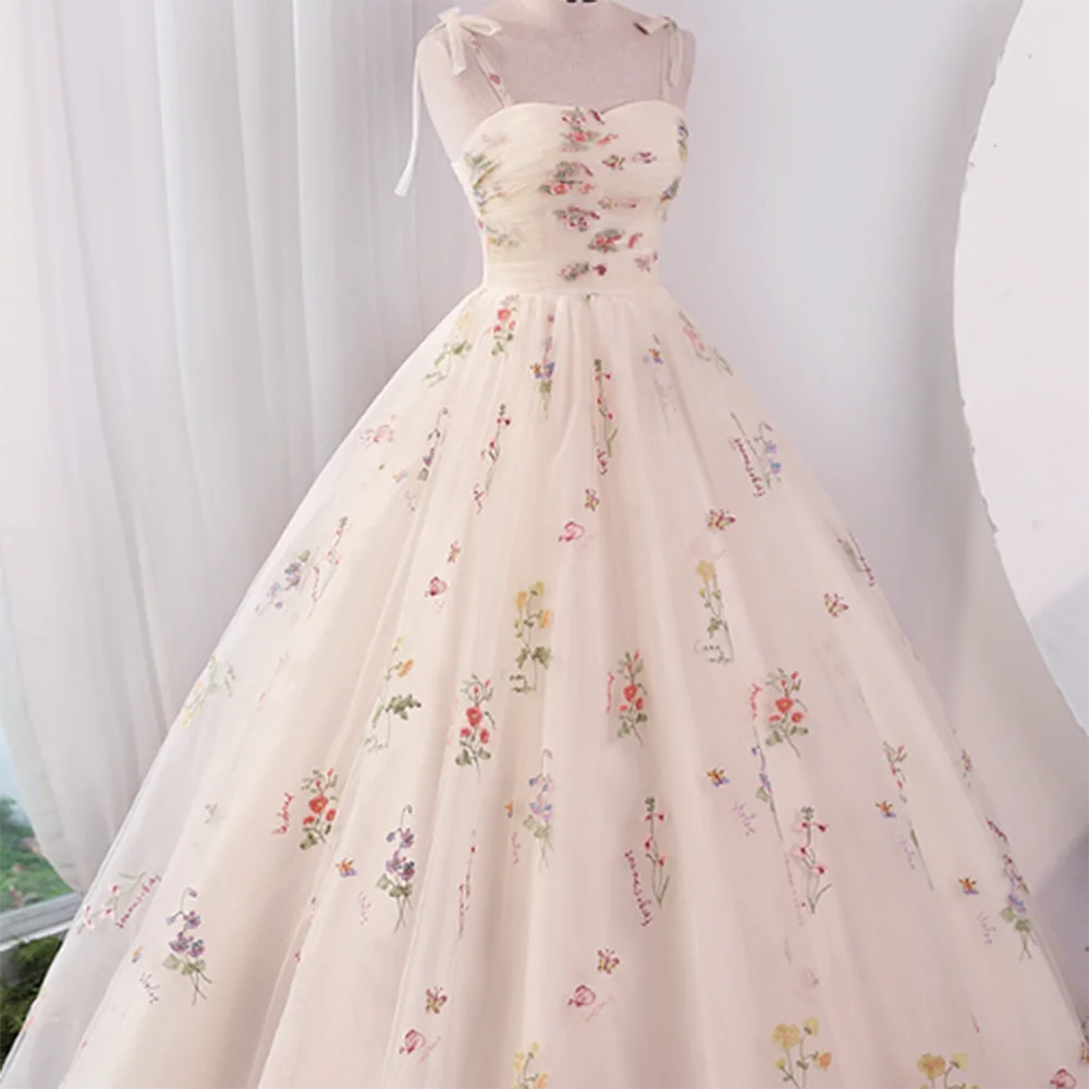 Exquisite Flower Prom Dress Spaghetti Strap Floor Length Floral Fluffy Slimming A-Line Princess Vestidos De Fiesta فساتين سهرة