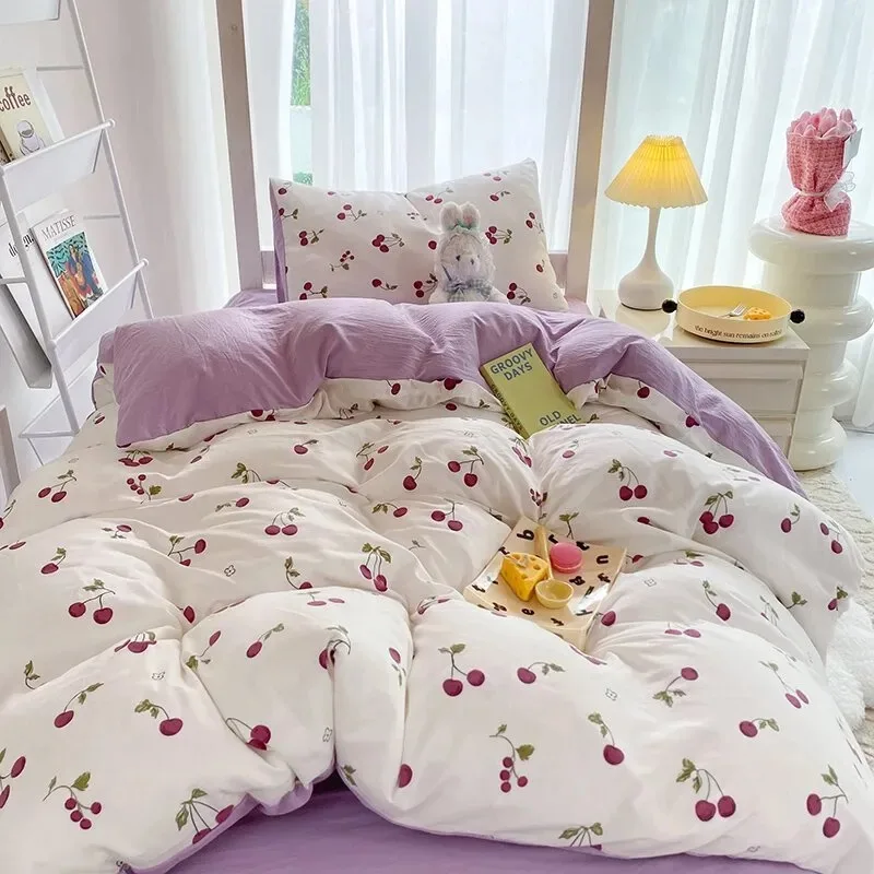

Ins-style Class A ultra-soft double-layer yarn washed cotton 4-piece set, cute quilt cover, student dormitory single and double