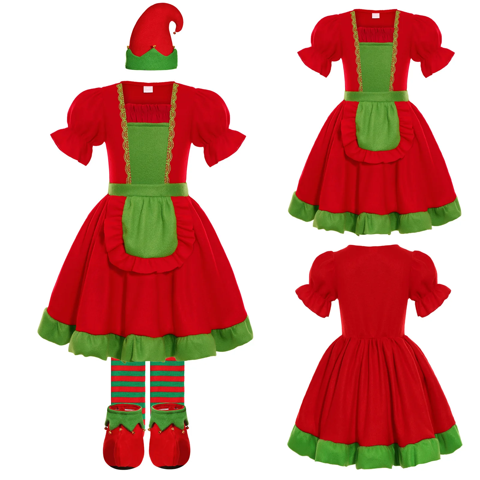 

Girls Christmas Helper Costume Outfit Elf Fancy Dress Up Puffy Sleeve Ruffled Dress with Waistbelt Xmas Hat Socking And Shoes