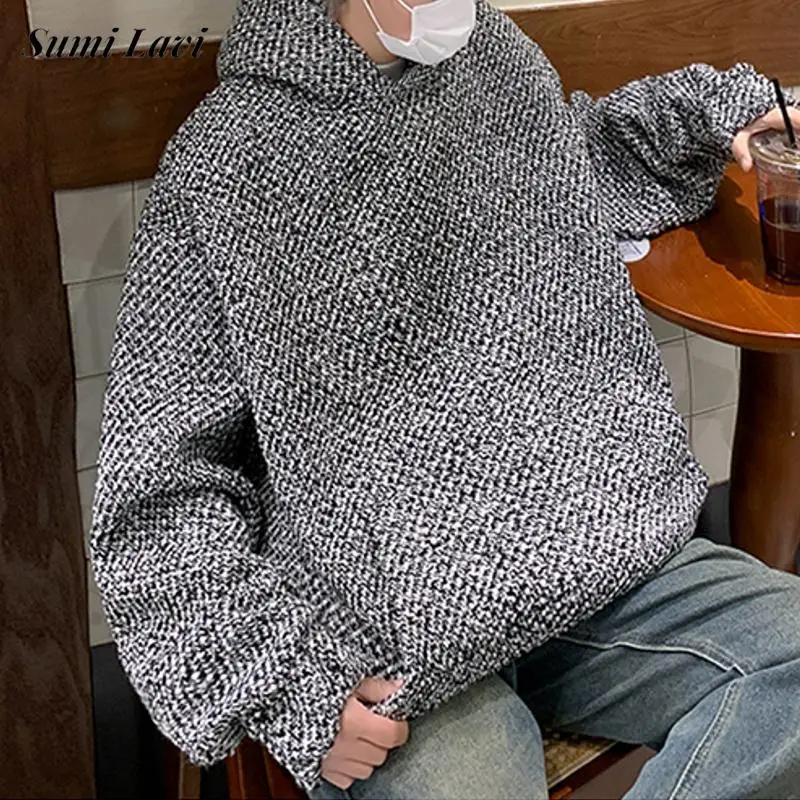 Harajuku Mens Knitting Hooded Sweatshirts 2024 Autumn Fashion Loose Long Sleeve Hoodie Men Knitted Crochet Hoodies Streetwear