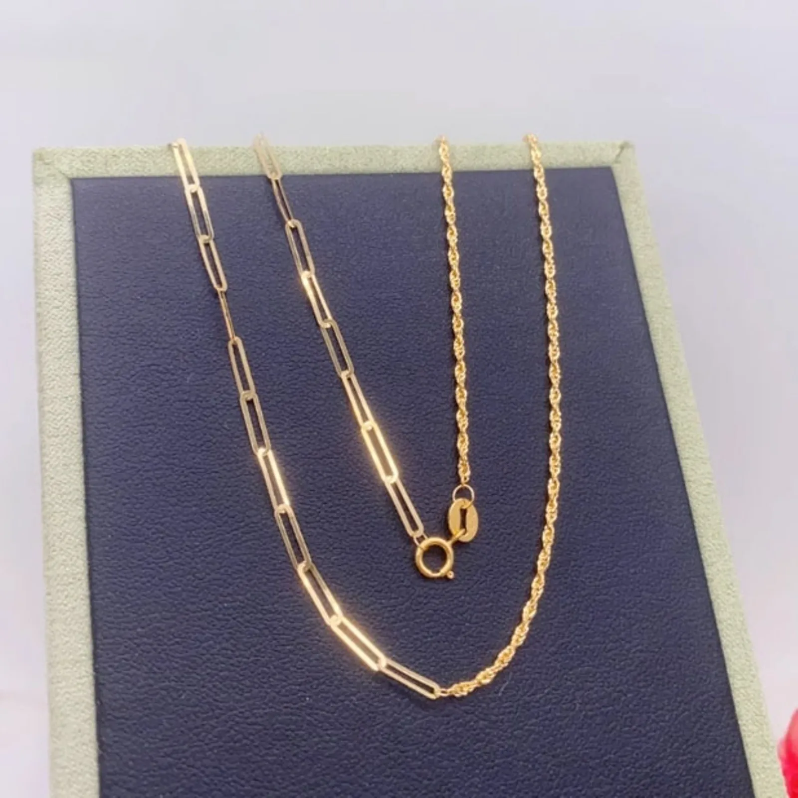 Real Pure 18K Yellow Gold Chain Women Lucky Twist Rope Square Cable O Link Necklace 45cm