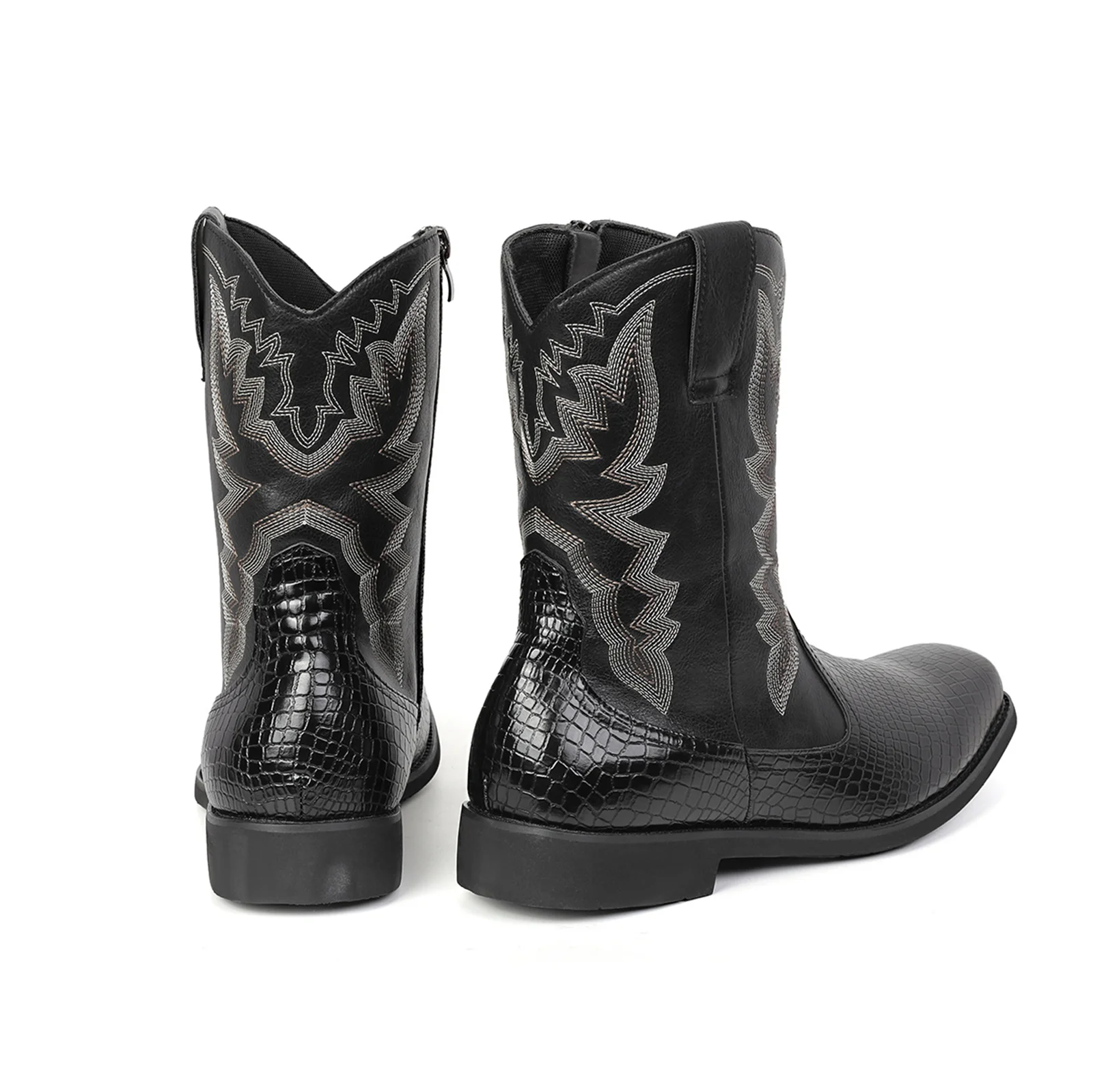 Men PU Croc Print Embroidered Round Toe Western Cowboy Mid Calf Boots Vintage Western Halloween Stage Cosplay Shoes