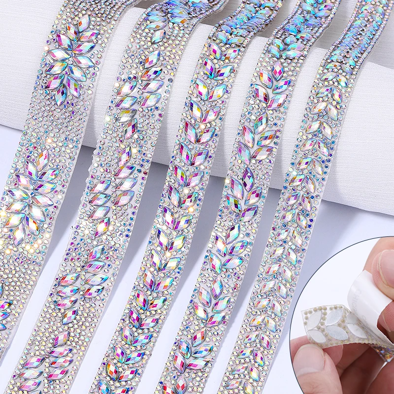 Ducrystal 1Yard Crystal Motif self-adhesive Rhinestone Trimming Tape Applicator Ribbon resin Rhinestones Iron On For Dresses