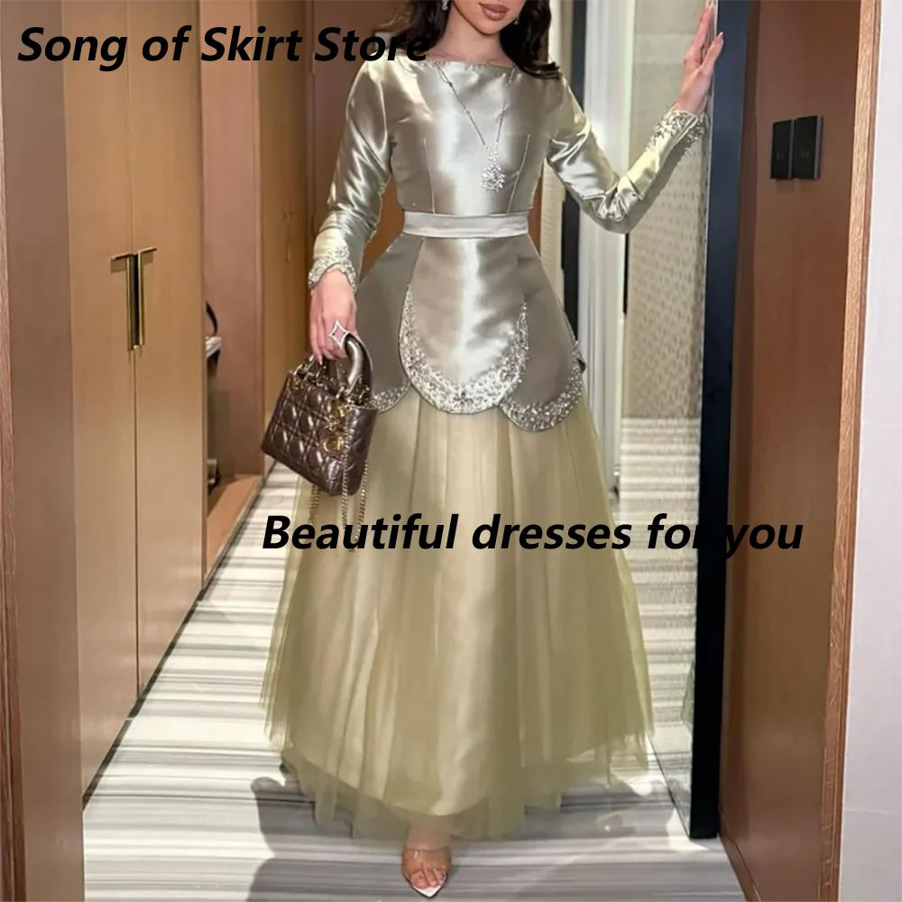 

Customized Long Sleeves Beading Sequined Satin Evening Dress Sash A-line Tulle Midi Dresses Bespoke Occasion Dress Modern Style