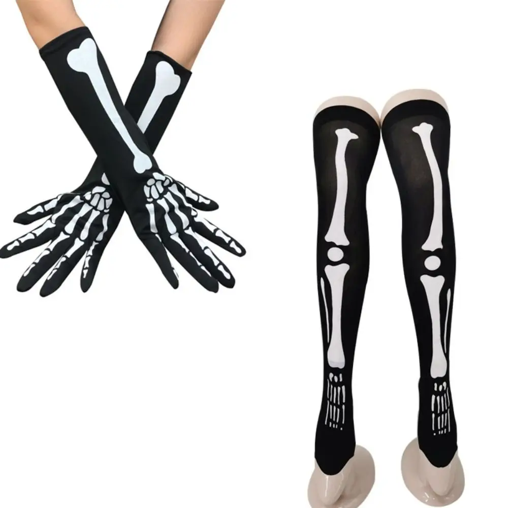 Funny Stockings Skeleton Gloves Fluorescent Polyester Skeleton Long Socks Costume Breathable Halloween Luminous Set Women