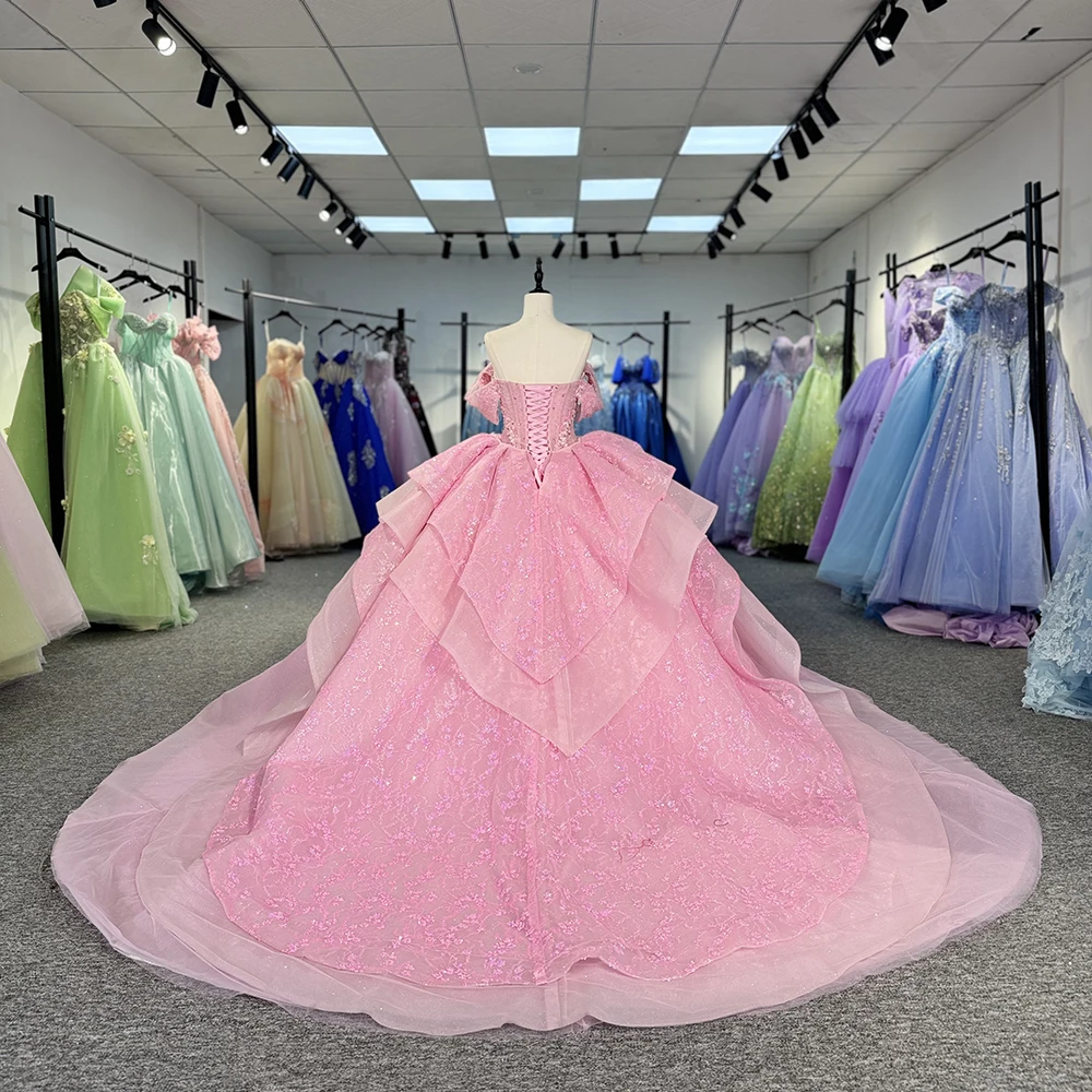 Gogerous Scoop คอที่กําหนดเอง Quinceanera ชุดรถไฟกวาดแขนสั้นประกวดความงามพรหม Gowns vestido 15 ปี DY1272