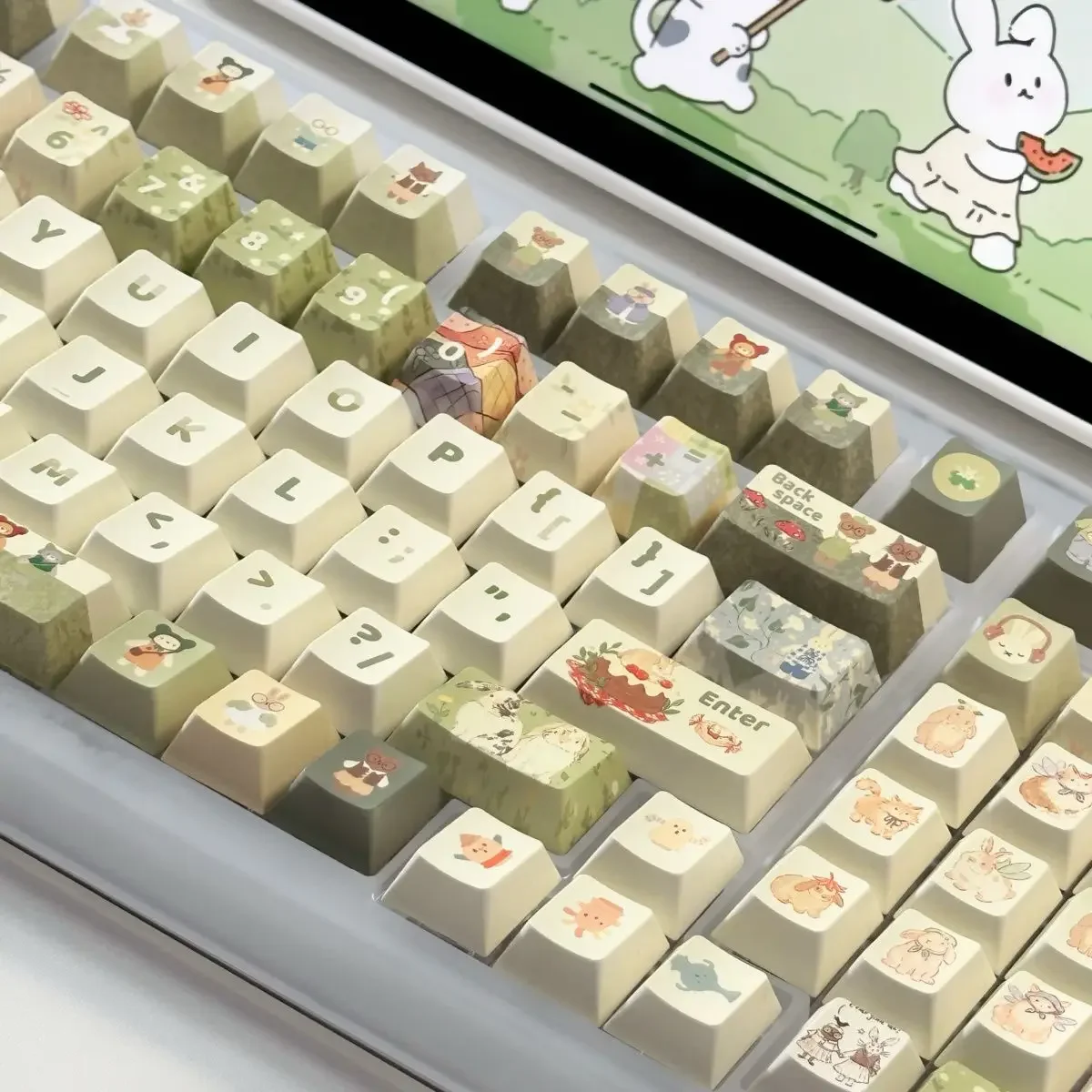 Imagem -06 - Green Small Animal Rabbit Keycap Conjunto Completo de Cereja Xoa Pbt Sublimação Mechanical Key Cartoon Leite Bonito 140 Chaves