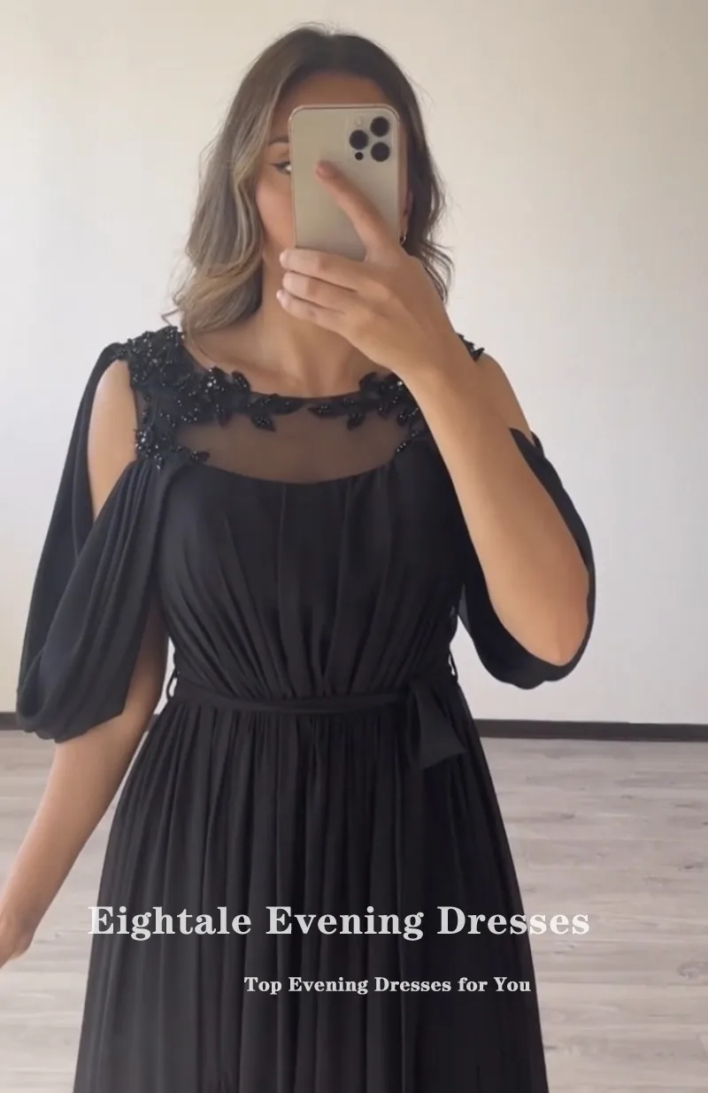 Abiti da sera da donna formali ottavi lunghezza del pavimento arabo Appliques o-collo nero a-line abiti da ballo per feste robe de soirée