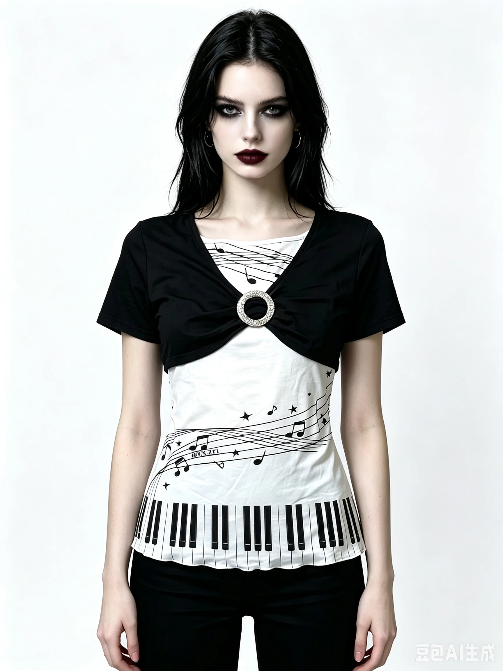 Y2K Coquette Faux Two Piece Tee Ring Twist V Neck Piano Musical Note Print Slim Black White Short Sleeve Women Grunge Street Top