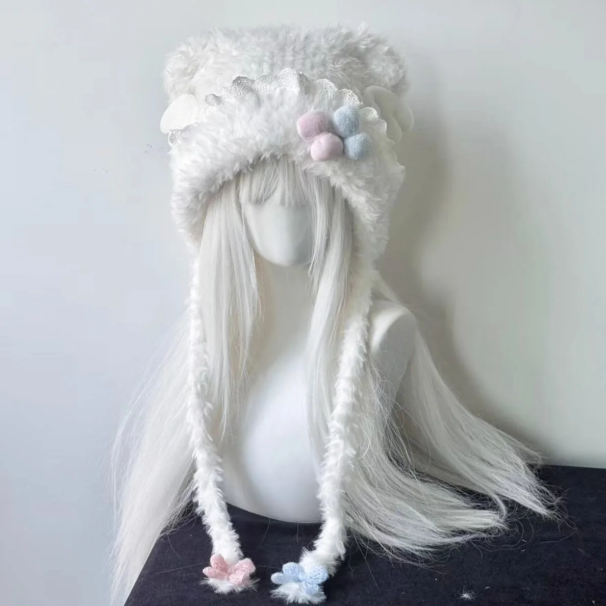 Pink and blue bow-knotted lace trimmed bear-shaped hat for women, a soft and cute winter warm-keeping ear-protection hat. - view 3