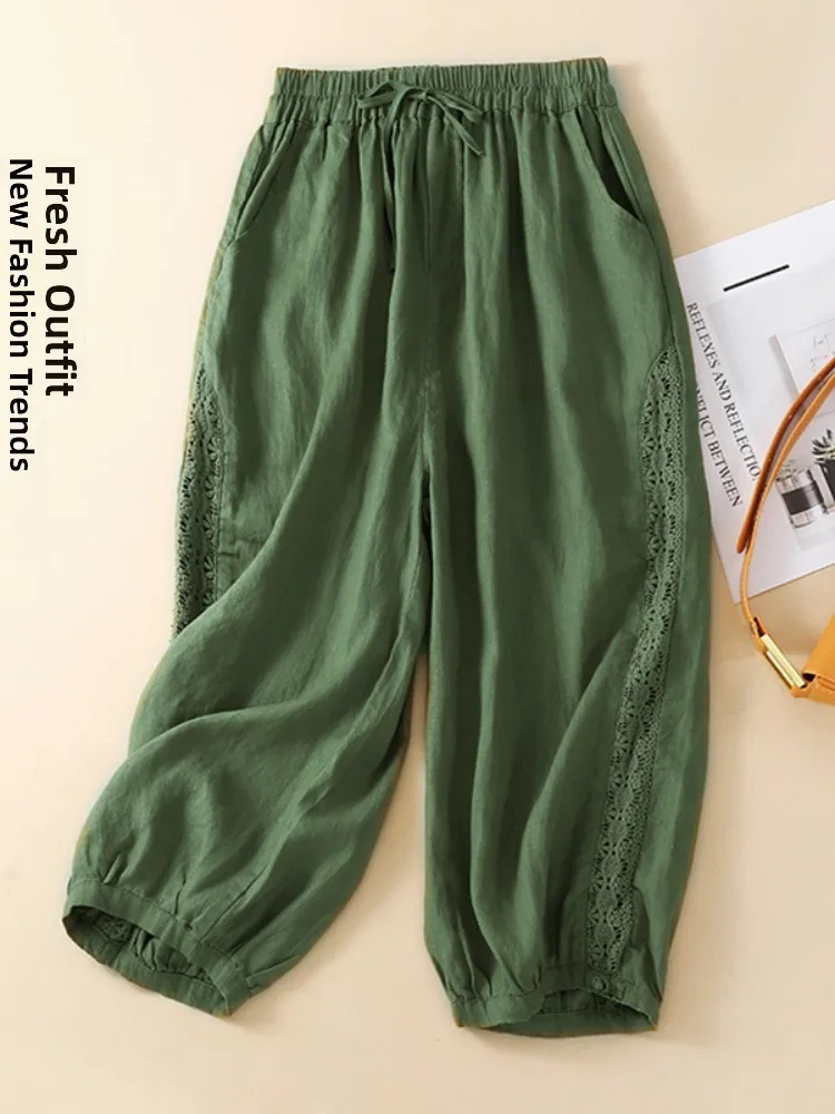 

Ретро японские кружевные льняные шаровары женские летние тонкие повседневные хлопковые льняные брюки-фонарики семи четвертей