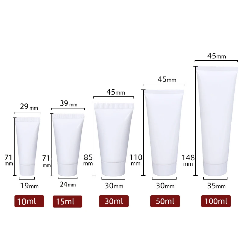 100Pcs 10-100ml 흰색 플라스틱 부드러운 튜브 리필 형 샘플 병/스크류 뚜껑/플립 캡 크림 로션 용 화장품 용기