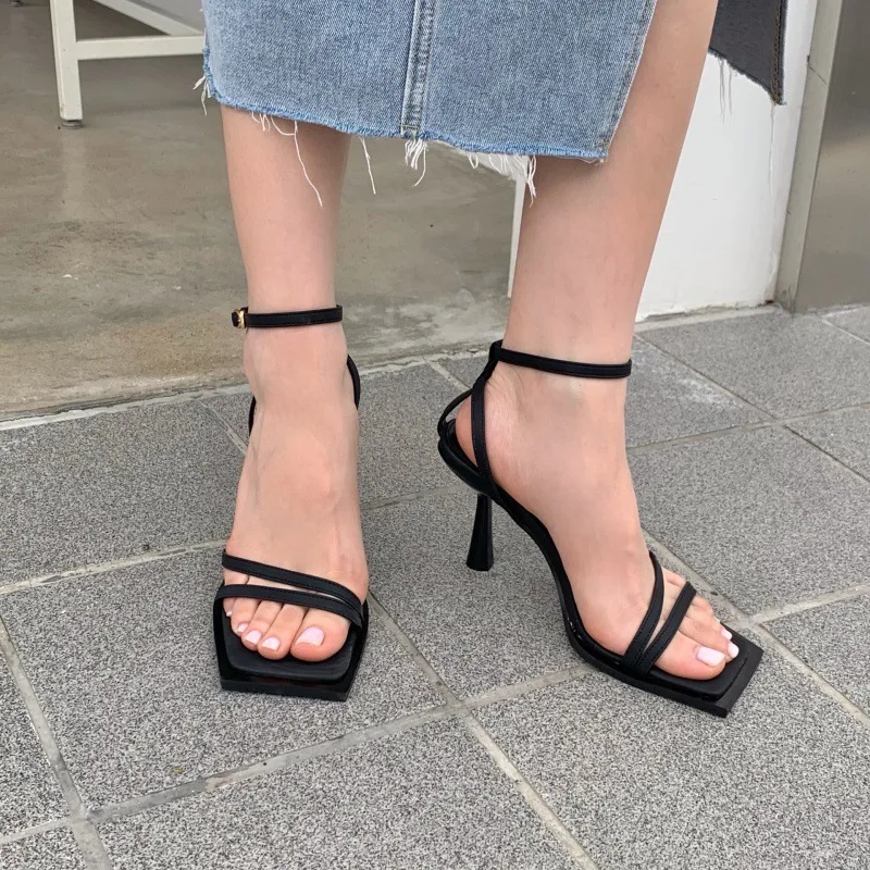 Sandals for Women High Heels Women\'s Slim Stripes Open Toe Shoes Elegant Ladies 2023 Summer New Square Toe Sandalias