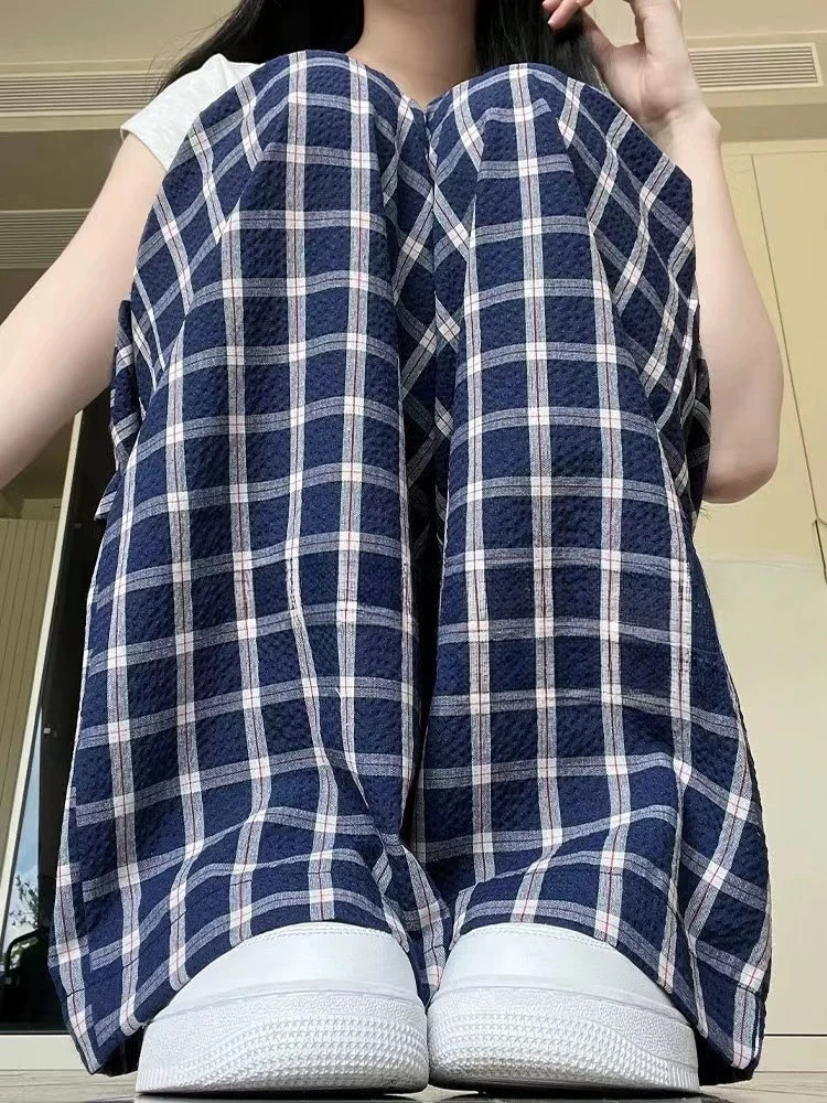 Deeptown Blue Plaid Women Pants Vintage Harajuku Oversized Wide Leg High Waist Straight Trousers Korean Fashion Jogging Casual