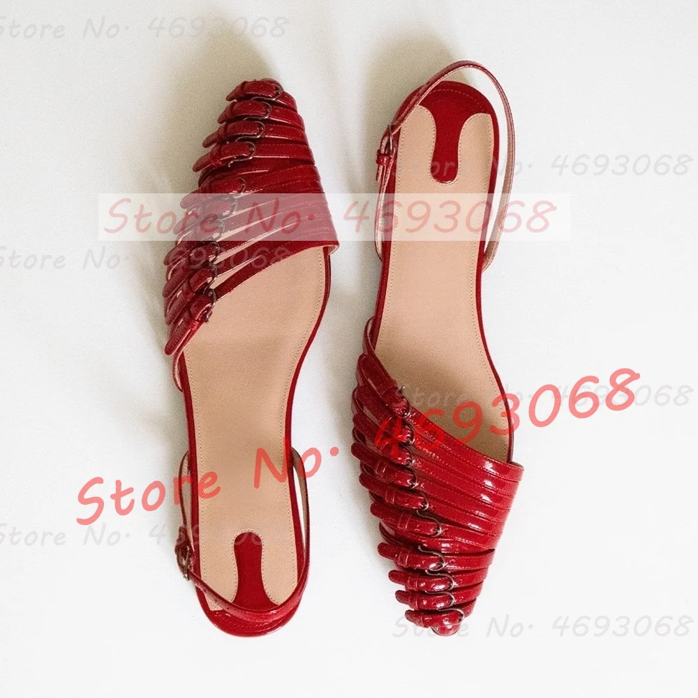 Red Multi Buckle Straps Flat Sandals Women Stylish Back Strap Pointy Toe Comfy Shoes Trendy Belt Buckles Metallic Leather Sandal