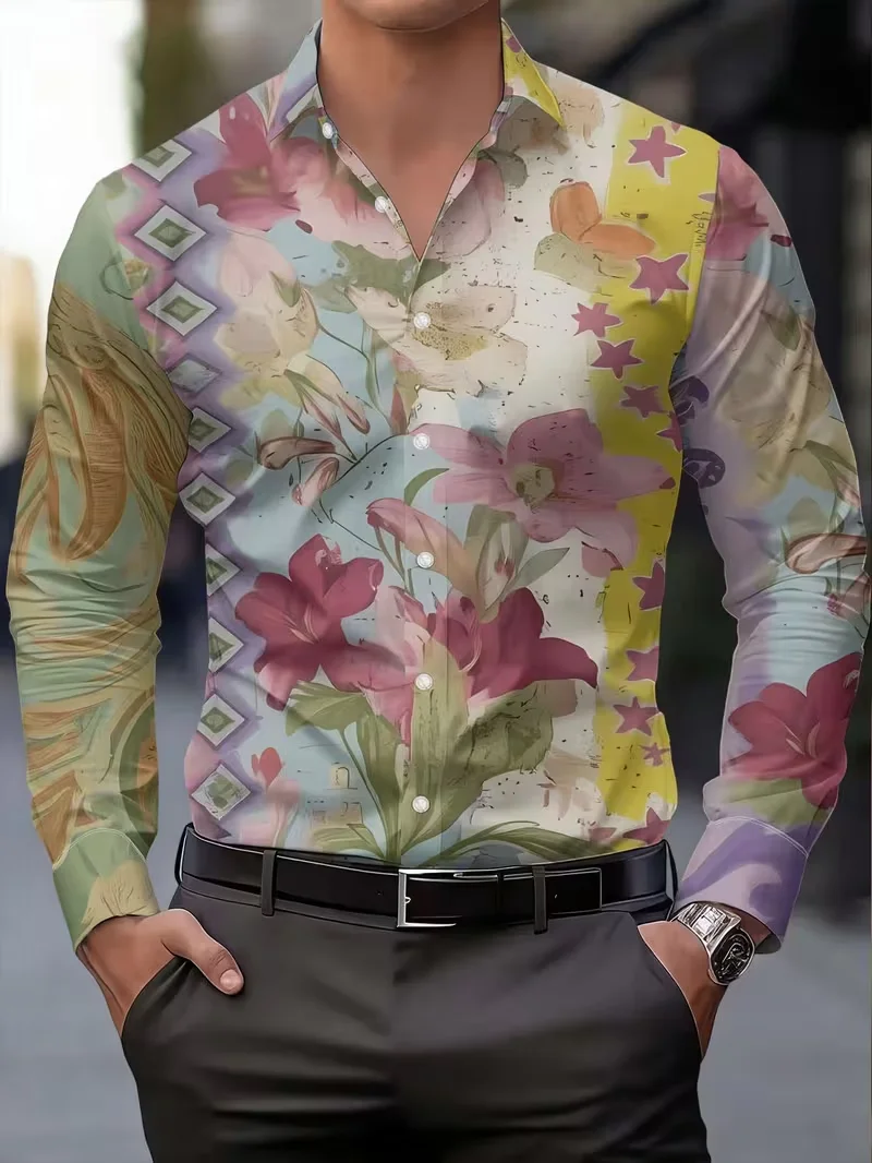 New Men Long Sleeve Shirt Colorful Floral Star Splicing Print Turn Down Collar Casual Button Daily Tops Men's Clothing