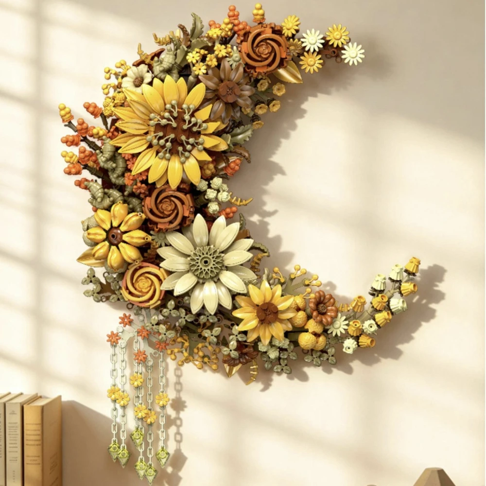 

MOC Golden Moon Flower Wall Hanging Building Blocks Set Eternal Pendant Desktop Decor Toys For Children Birthday Holiday Gifts