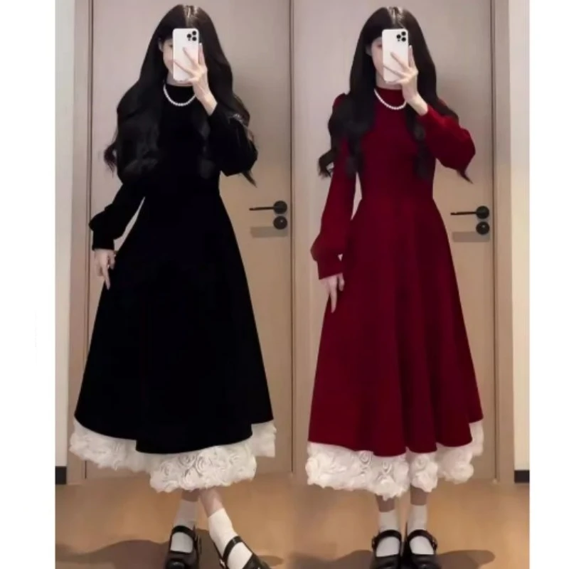 

Женское осенне-зимнее французское лоскутное платье с высоким воротником, женское изящное платье-джокер с длинными рукавами, пуловер, нижние платья 2025