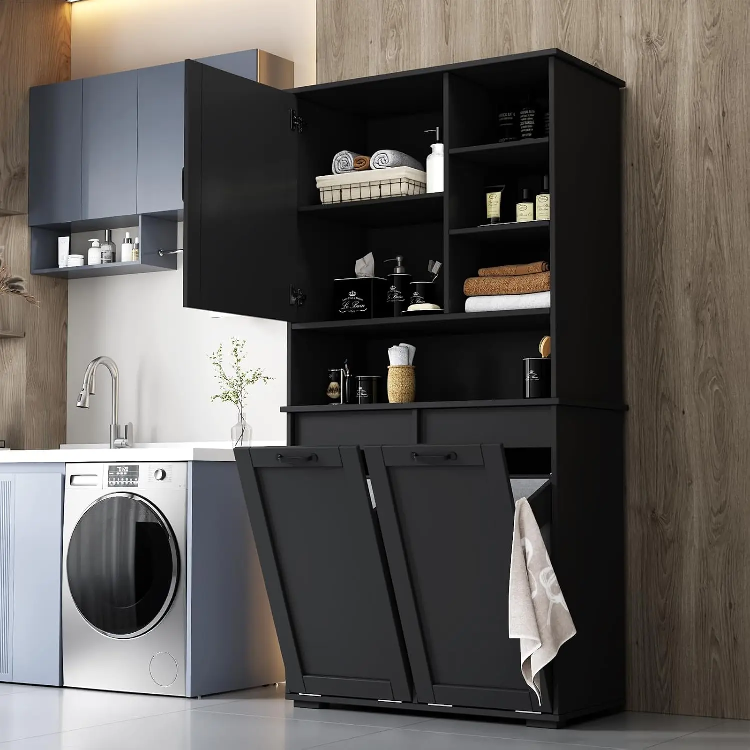 Tall Laundry Cabinet Double Tilt Out Hamper Freestanding Bathroom Floor Storage 12x2 Gallon Basket Kitchen Black, Customized