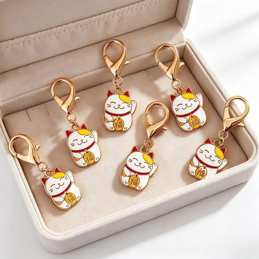 1/5/10/20/50/100pcs Set of 2D Flat Maneki-neko Keychains, 6 Pieces, Including a Mini Lobster Festival Keychain and a Purse Charm