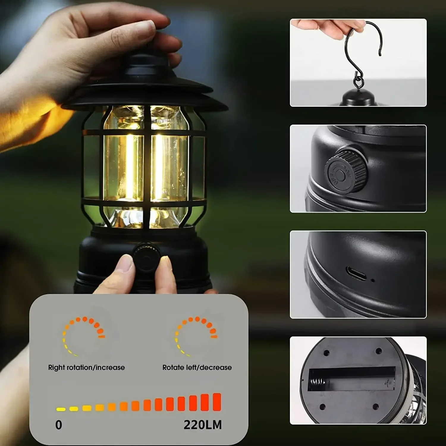 2Pack Camping Lantern USB Rechargeable Battery Powered Retro Camping Light Waterproof Hanging LED Tent Lamp for Hiking Fishing