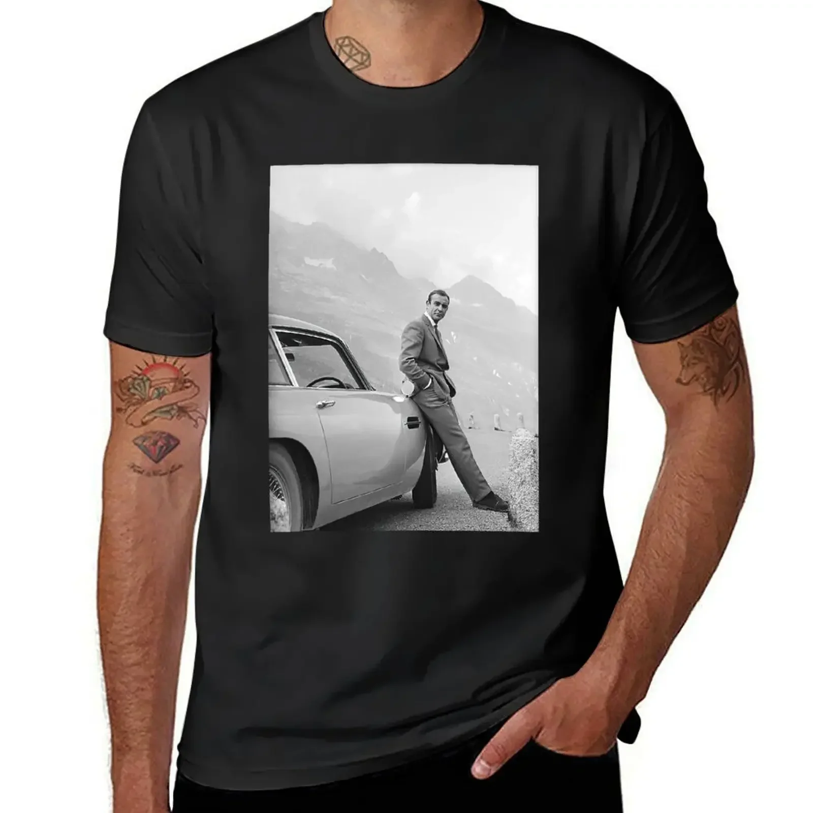 Sean Connery and Sports Car, Black and White Vintage Art Classic T-Shirt custom t shirt vintage anime shirt men t shirt