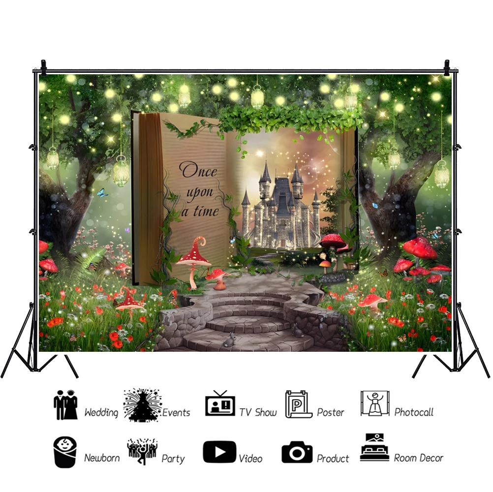 Laeacco Fairy Tale Book Backdrop Ancient Castle Princess Romantic Story Girl Birthday Portrait Customized Photography Background