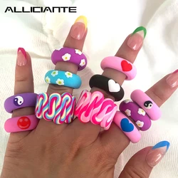 Y2K Creative Pink Ceramic Clay Ring For Women Girl Colorful Flowers Heart Gossip Round Finger Rings Handmade Fashion Jewelry New