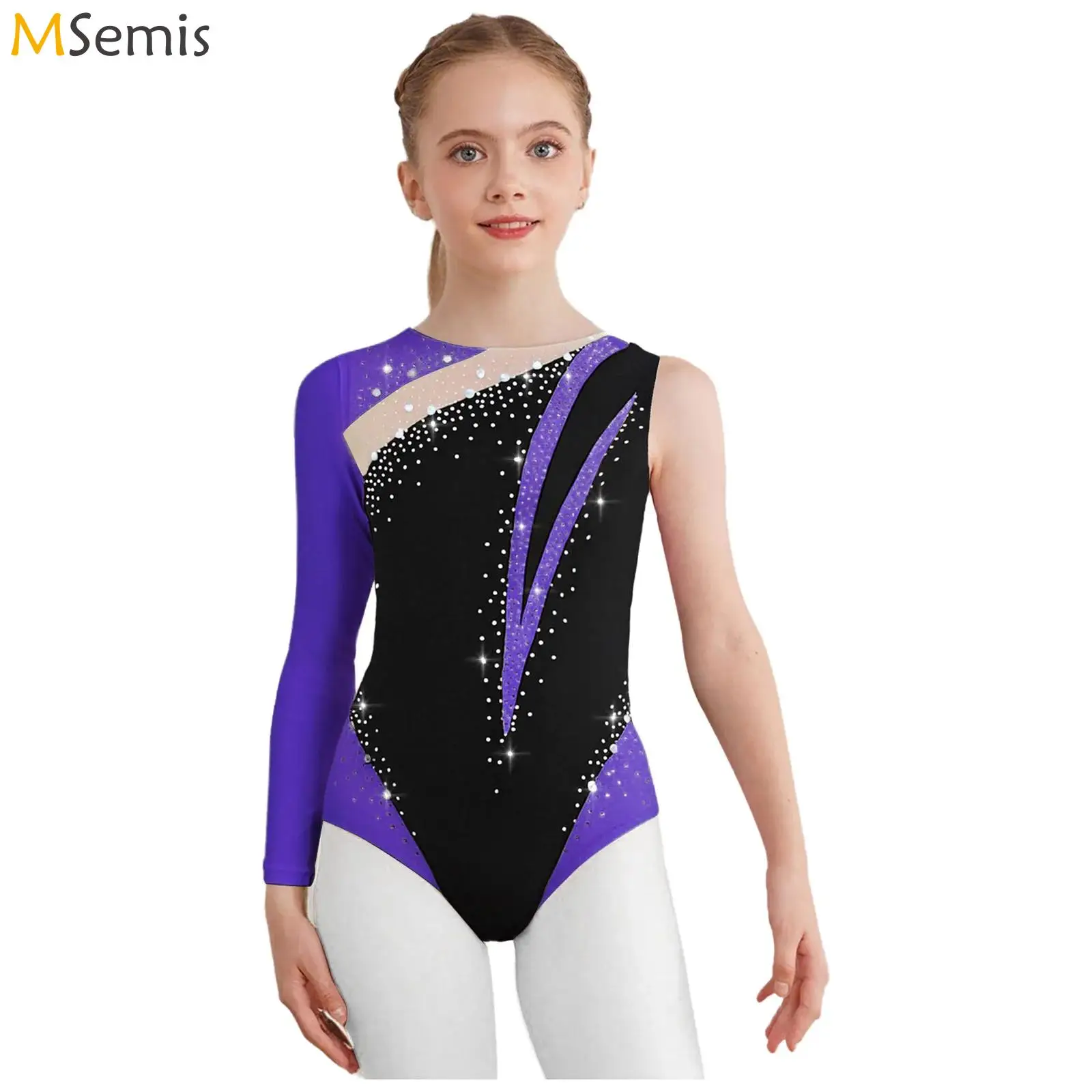 

Детский гимнастический купальник для девочек, блестящий, с цветными блоками и стразами, без рукавов, для соревнований и выступлений, танцевальная одежда