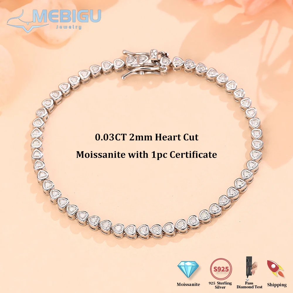 

Mebigu Изящный полный муассанитовый теннисный браслет с огранкой в форме сердца 2 мм для женщин и мужчин, вечерние браслеты из серебра 925 пробы с бриллиантами в лаборатории, браслеты с звеньями в подарок