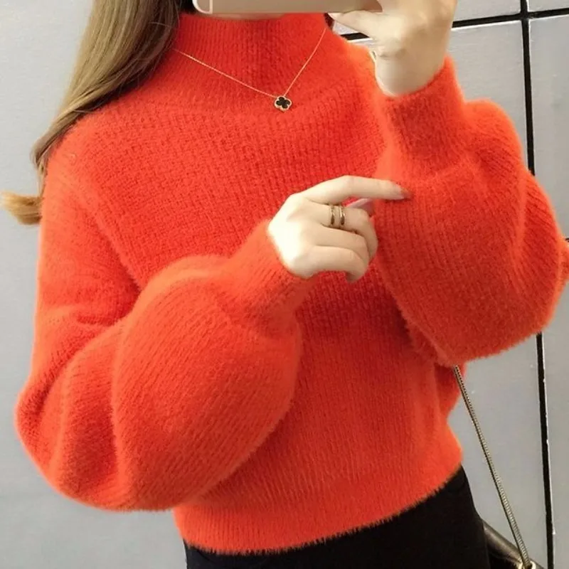 Loose Vintage Harajuku Sweater Lantern Long Sleeve Women Pullover Mink Wool Knitted Short Style Loose Chic Multicolor Sweater