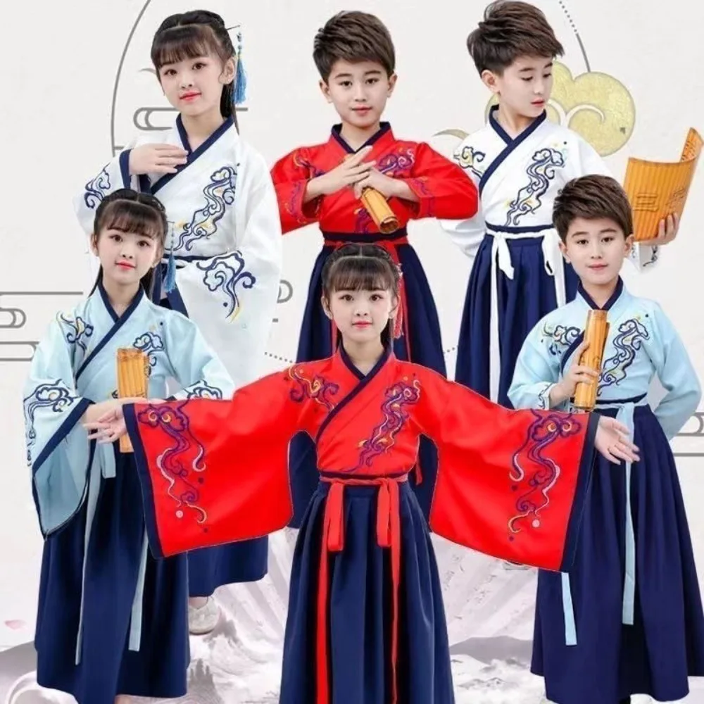 ‌Chinese Hanfu for Kids - Boy/Girl Traditional Costume Three Character Classic Performance School Recital Book Student Outfit