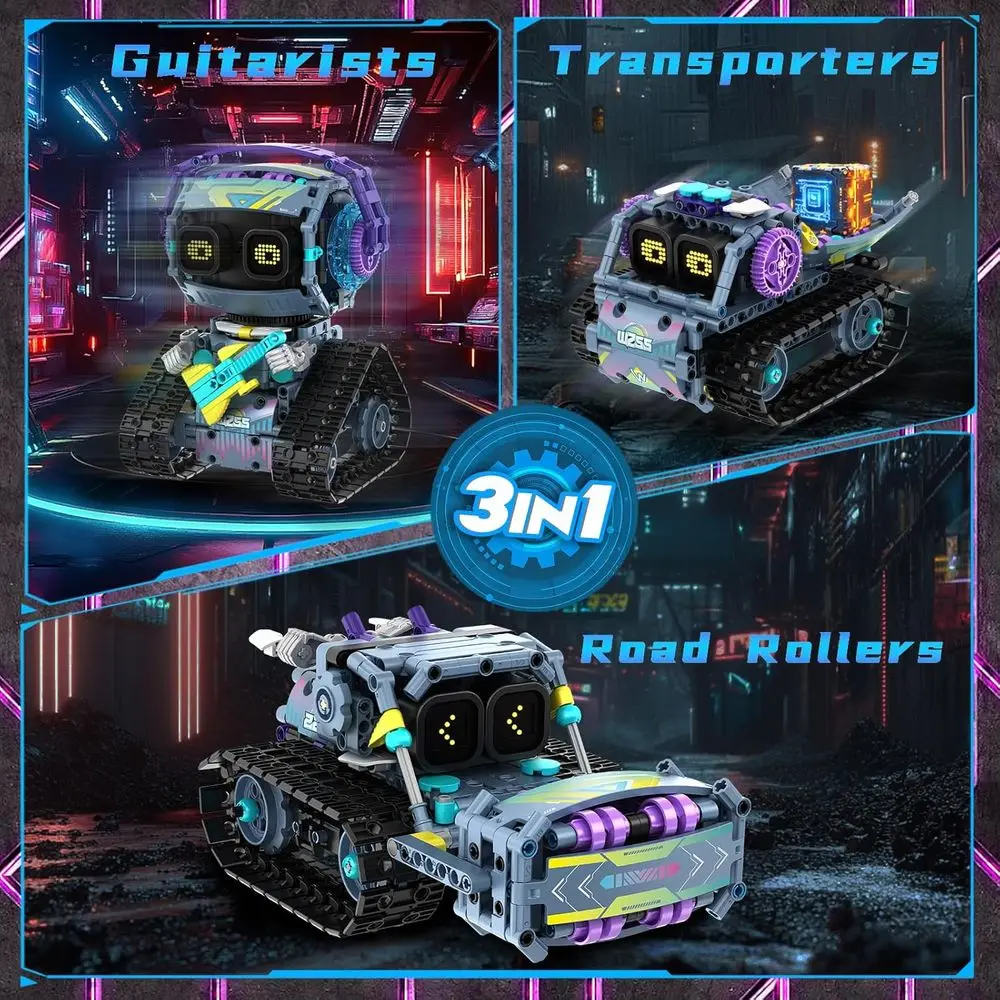 Kit robot STEM 3 in 1: blocchi di costruzione telecomandati e controllati da app con occhi LED, suono, regalo ideale per bambini dai 6 ai 12 anni