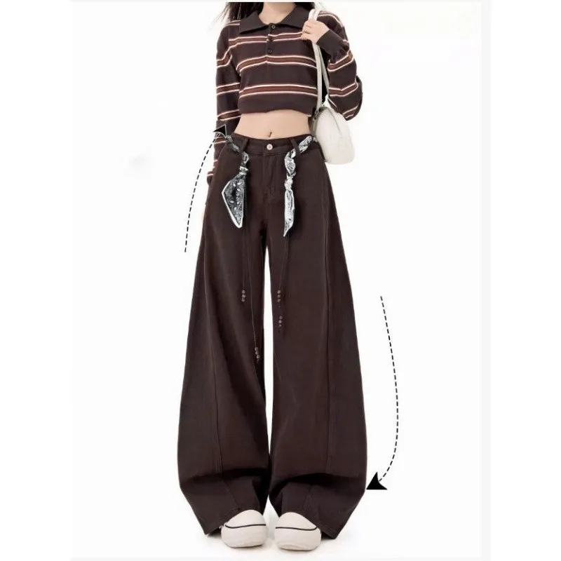 Wide-leg Curved Knife Jeans Women Autumn/winter Style American Retro Brown Coffee Color Versatile Cover-up Floor-length Pants