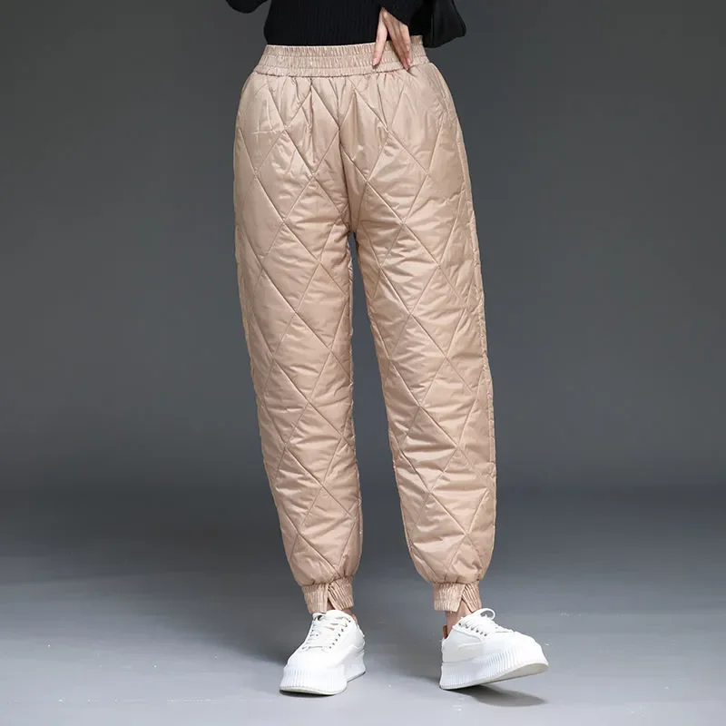 Women Winter Warm Down Cotton Pants Lightweight Padded Quilted Trousers Casual Elastic Waist Trousers Straight Leg Pants