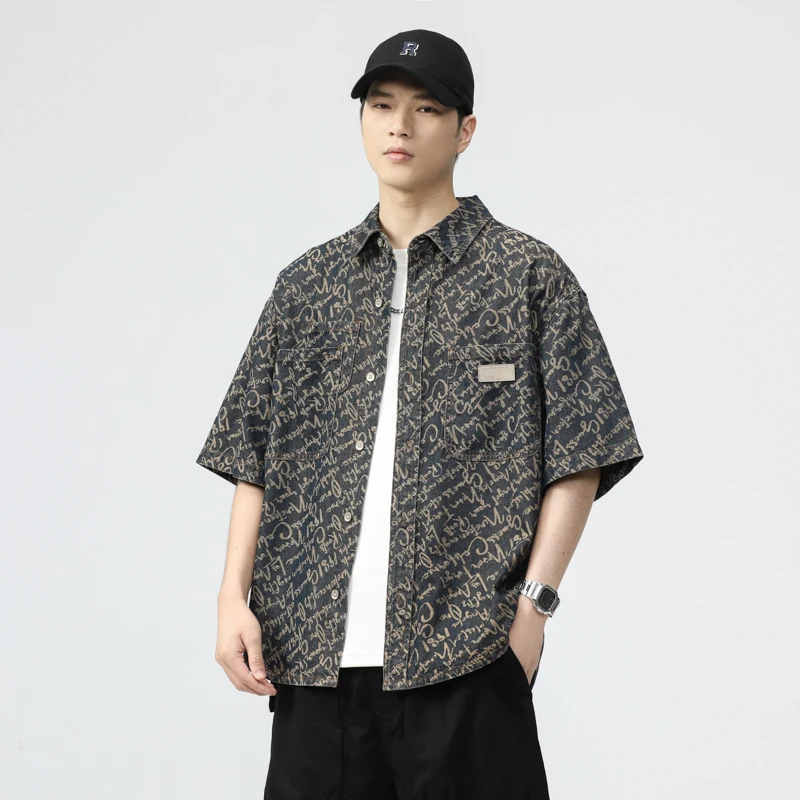 

American High-End Floral Waed ort Sve Denim irt Men's Summer Loose Collar irt Jaet Trendy Youth Cotton Blend