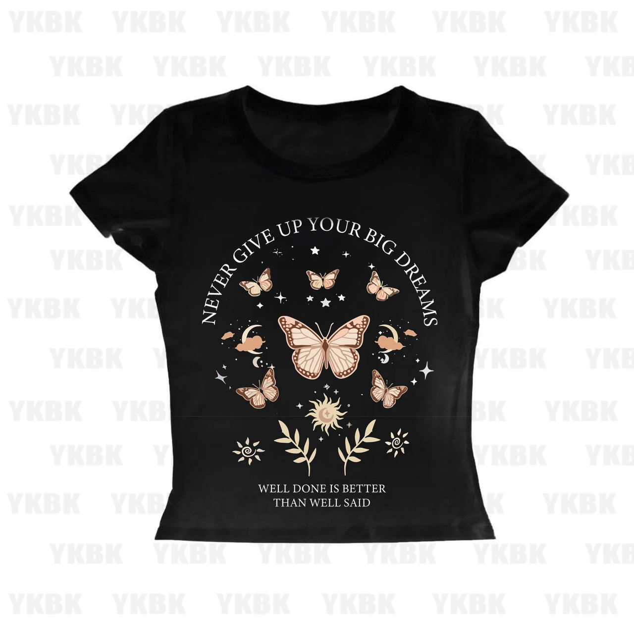 

Fashionable Women's Round Neck Patterned T-Shirt with Printed Butterfly Short Sleeved Travel Basic Style Popular Casual TEE