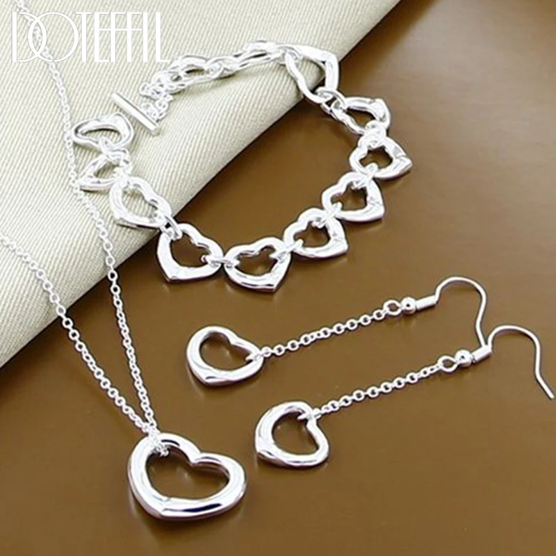 

DOTEFFIL 925 Sterling Silver Solid Full Heart Chain Bracelet Neckalce Earring For Women Wedding Engagement Charm Jewelry