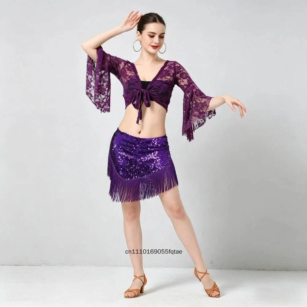 Chaleco de danza del vientre para mujer, bolero de malla con mangas acampanadas, chal con cordones, top para danza latina, baile de ballet, cubierta para actuaciones en el escenario, ropa de baile, disfraz.