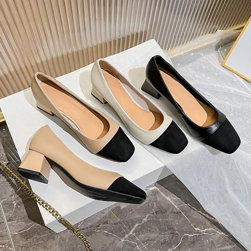 2024 Fashion Women Pumps Square Toe 5CM Square Heel Spring New Shallow Mouth 5cm Middle Heel Paired with A Skirt Women Shoes