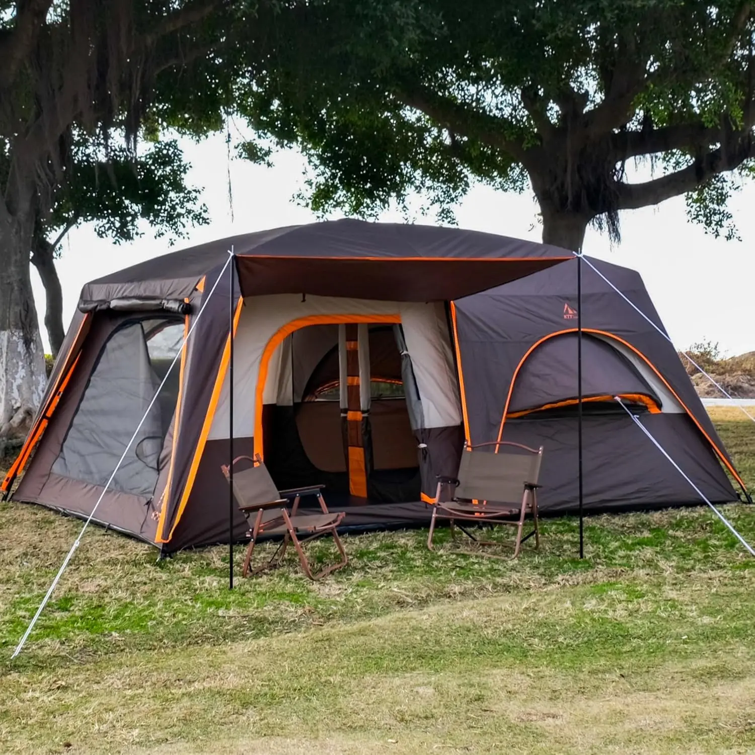 Extra Large Tent 12 Person,Family Cabin Tents,2 Bay-Windows,2 Rooms and 3 Doors 3 Windows with Mesh,Waterproof,Straight