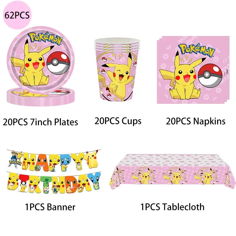 Pokemon Decoratie Verjaardagsfeestje Benodigdheden Pikachu Ballonnen Kit Plaat Servet Banner Achtergrond voor Kids Party Baby Douche Benodigdheden