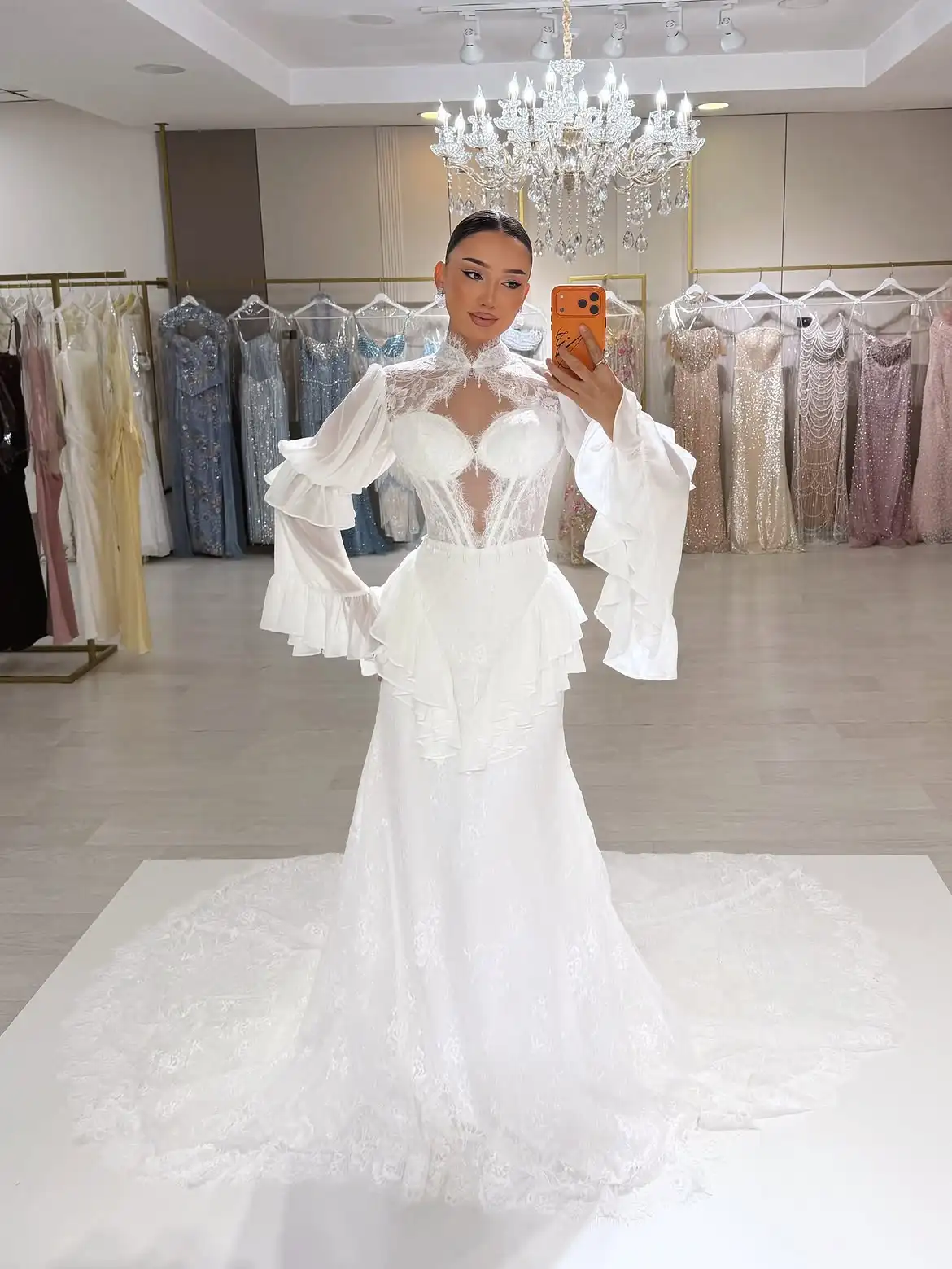 White High Neck Flare Sleeve Lace Mermaid Wedding Dress Corset Ruffled Bridal Gown With Long Train For Women